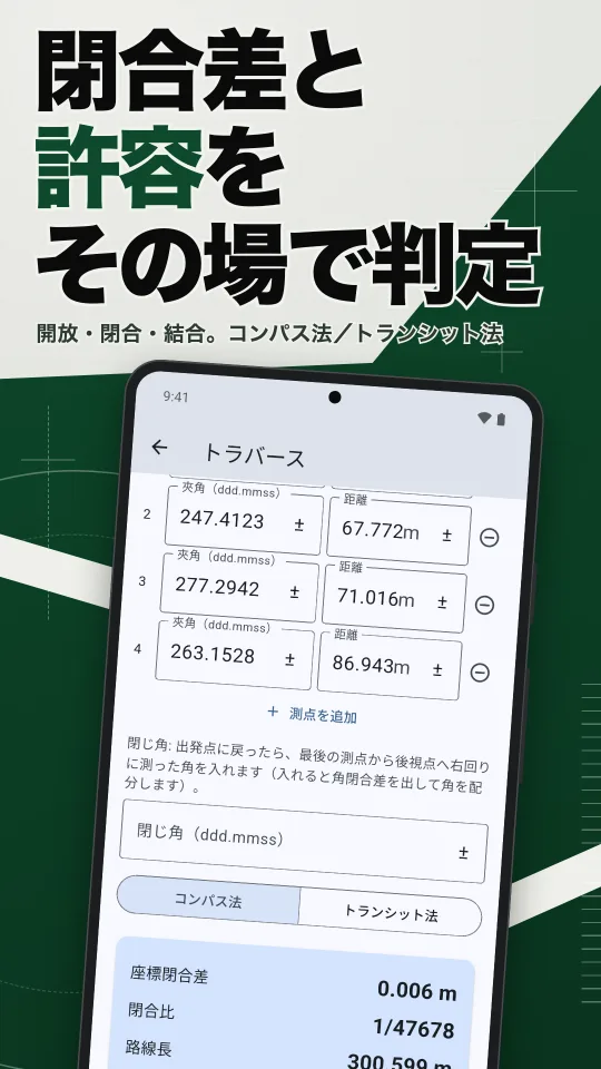 げんば計算の画面：閉合差と許容をその場で判定。開放・閉合・結合。コンパス法／トランシット法